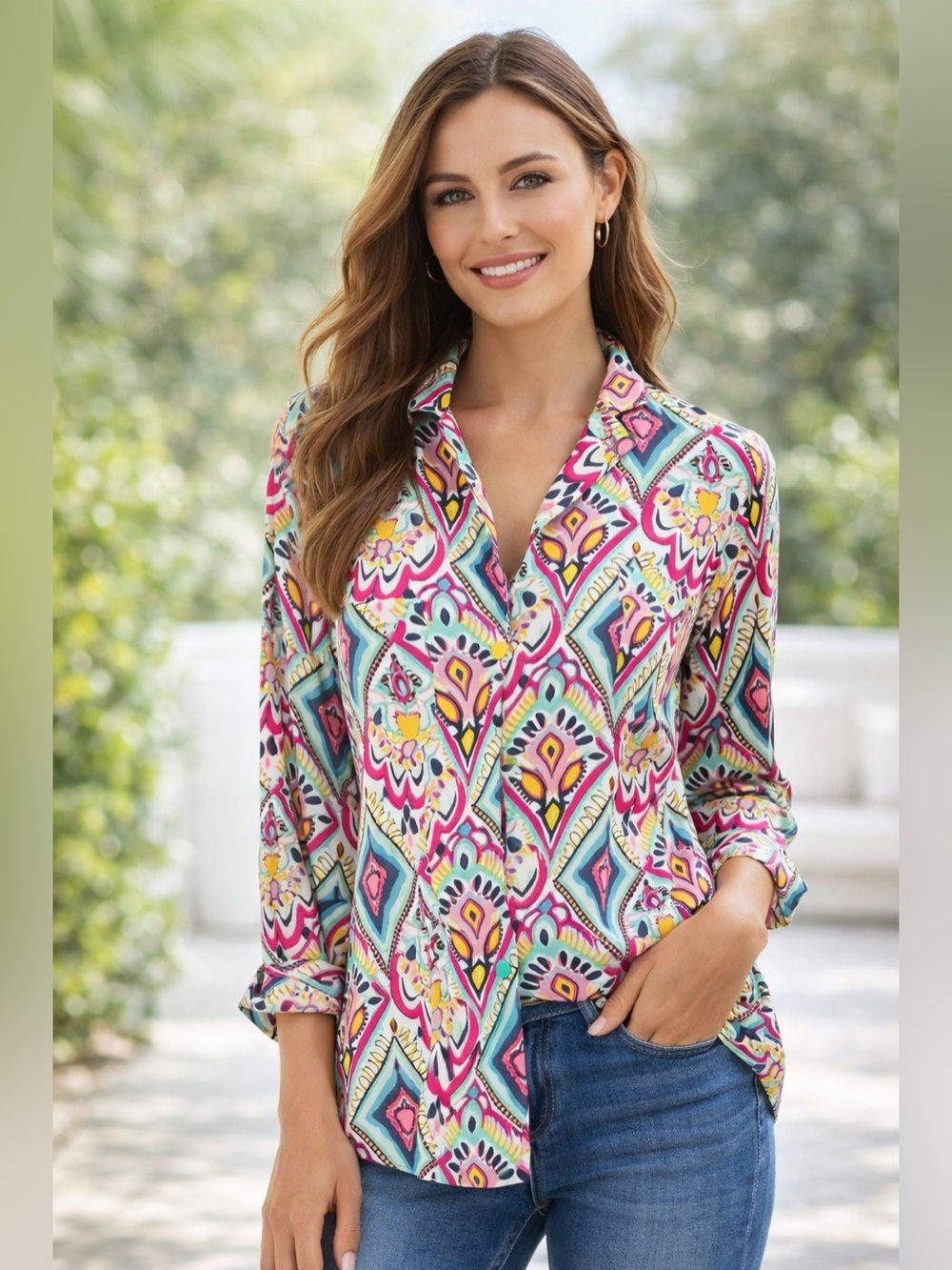 LILLY PULITZER Crown Jewels Boston Top 100% Silk Colorful Pockets Sz M Retired